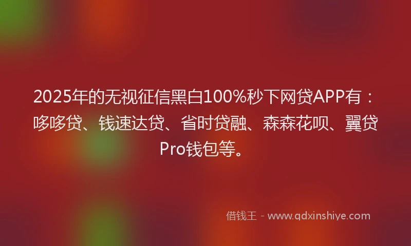 2025年的无视征信黑白100%秒下网贷APP有：哆哆贷、钱速达贷、省时贷融、森森花呗、翼贷Pro钱包等。