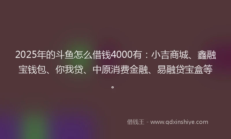 2025年的斗鱼怎么借钱4000有：小吉商城、鑫融宝钱包、你我贷、中原消费金融、易融贷宝盒等。