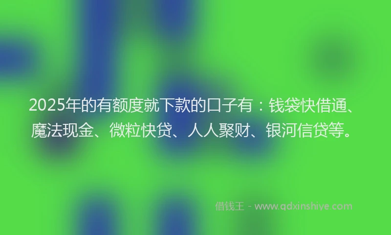 2025年的有额度就下款的口子有：钱袋快借通、魔法现金、微粒快贷、人人聚财、银河信贷等。