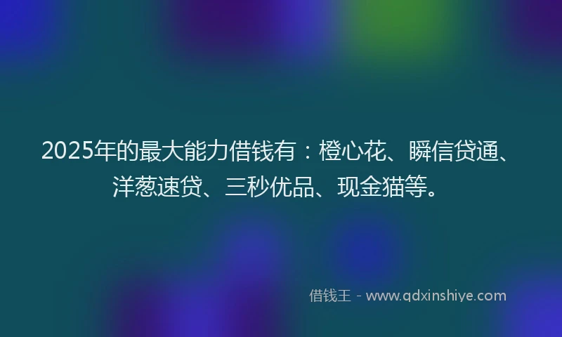 2025年的最大能力借钱有：橙心花、瞬信贷通、洋葱速贷、三秒优品、现金猫等。