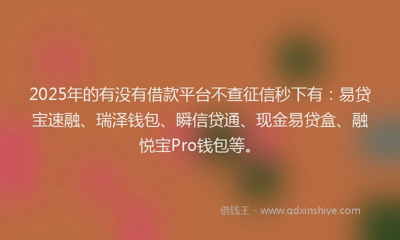 2025年的有没有借款平台不查征信秒下有：易贷宝速融、瑞泽钱包、瞬信贷通、现金易贷盒、融悦宝Pro钱包等。