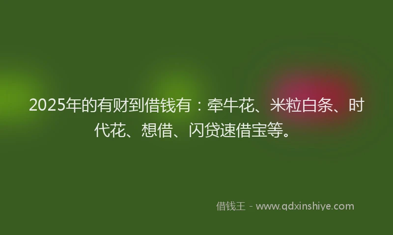 2025年的有财到借钱有：牵牛花、米粒白条、时代花、想借、闪贷速借宝等。