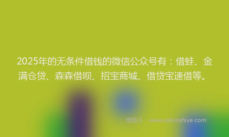 2025年的无条件借钱的微信公众号有：借蛙、金满仓贷、森森借呗、招宝商城、借贷宝速借等。