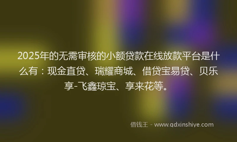 2025年的无需审核的小额贷款在线放款平台是什么有：现金直贷、瑞耀商城、借贷宝易贷、贝乐享-飞鑫琼宝、享来花等。