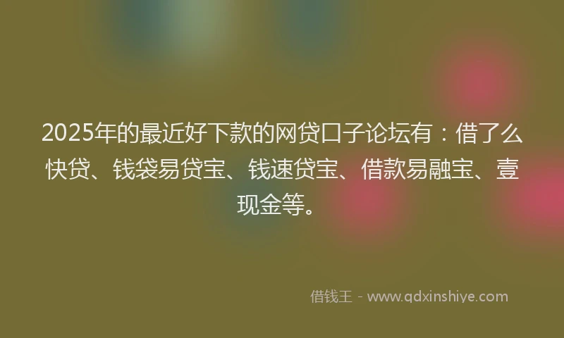 2025年的最近好下款的网贷口子论坛有：借了么快贷、钱袋易贷宝、钱速贷宝、借款易融宝、壹现金等。