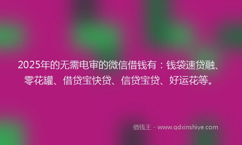 2025年的无需电审的微信借钱有：钱袋速贷融、零花罐、借贷宝快贷、信贷宝贷、好运花等。