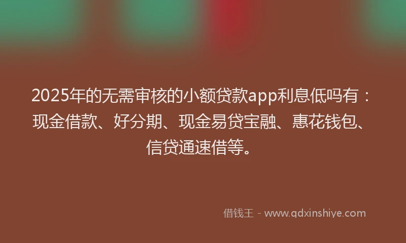 2025年的无需审核的小额贷款app利息低吗有：现金借款、好分期、现金易贷宝融、惠花钱包、信贷通速借等。