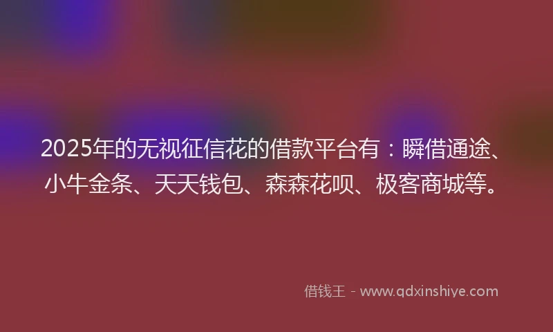 2025年的无视征信花的借款平台有：瞬借通途、小牛金条、天天钱包、森森花呗、极客商城等。