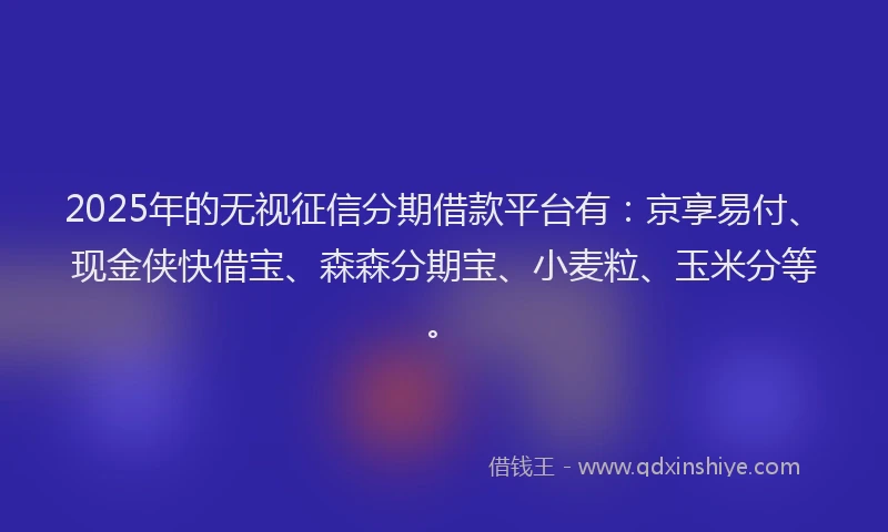 2025年的无视征信分期借款平台有：京享易付、现金侠快借宝、森森分期宝、小麦粒、玉米分等。
