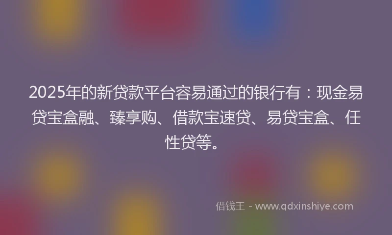2025年的新贷款平台容易通过的银行有：现金易贷宝盒融、臻享购、借款宝速贷、易贷宝盒、任性贷等。