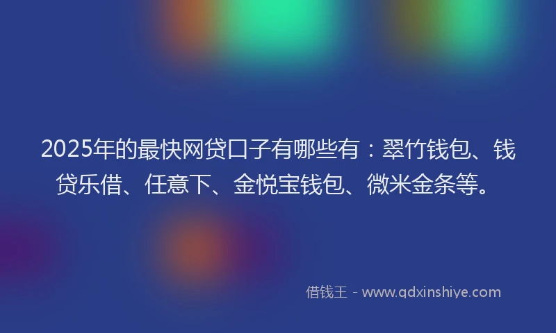 2025年的最快网贷口子有哪些有：翠竹钱包、钱贷乐借、任意下、金悦宝钱包、微米金条等。