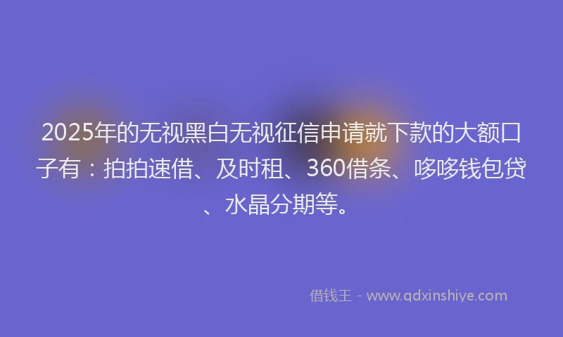 2025年的无视黑白无视征信申请就下款的大额口子有：拍拍速借、及时租、360借条、哆哆钱包贷、水晶分期等。