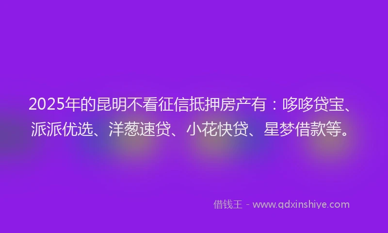 2025年的昆明不看征信抵押房产有：哆哆贷宝、派派优选、洋葱速贷、小花快贷、星梦借款等。