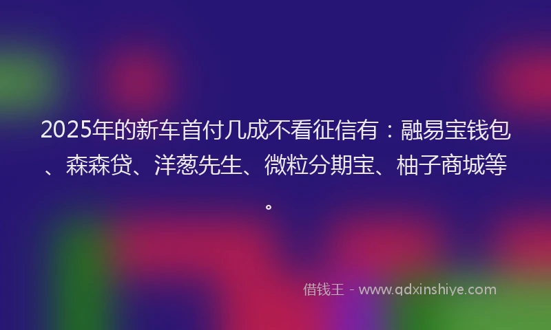2025年的新车首付几成不看征信有：融易宝钱包、森森贷、洋葱先生、微粒分期宝、柚子商城等。