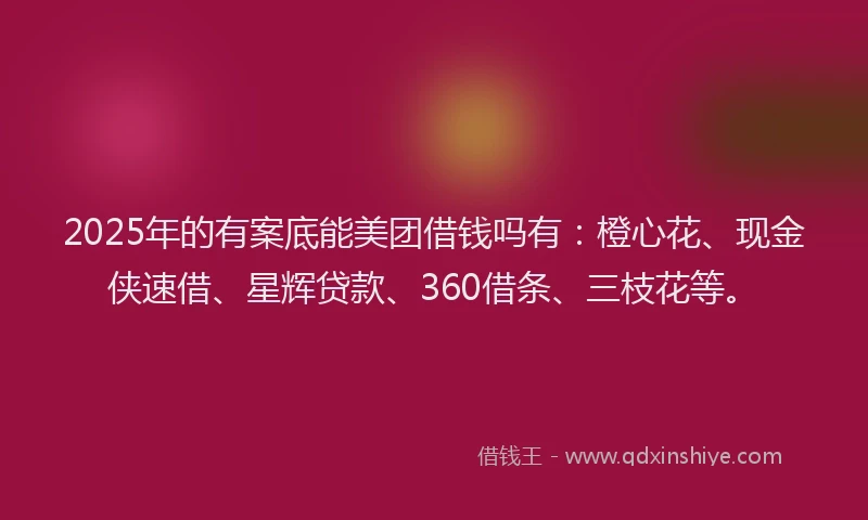 2025年的有案底能美团借钱吗有：橙心花、现金侠速借、星辉贷款、360借条、三枝花等。