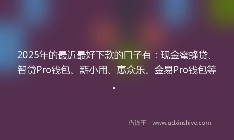2025年的最近最好下款的口子有：现金蜜蜂贷、智贷Pro钱包、薪小用、惠众乐、金易Pro钱包等。