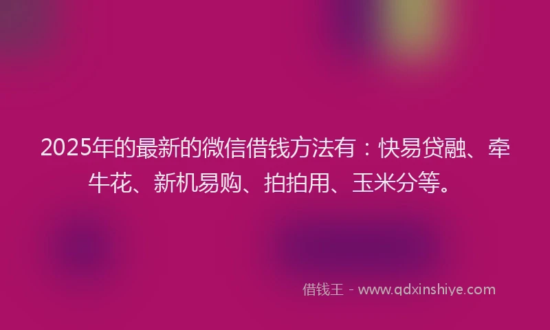 2025年的最新的微信借钱方法有：快易贷融、牵牛花、新机易购、拍拍用、玉米分等。