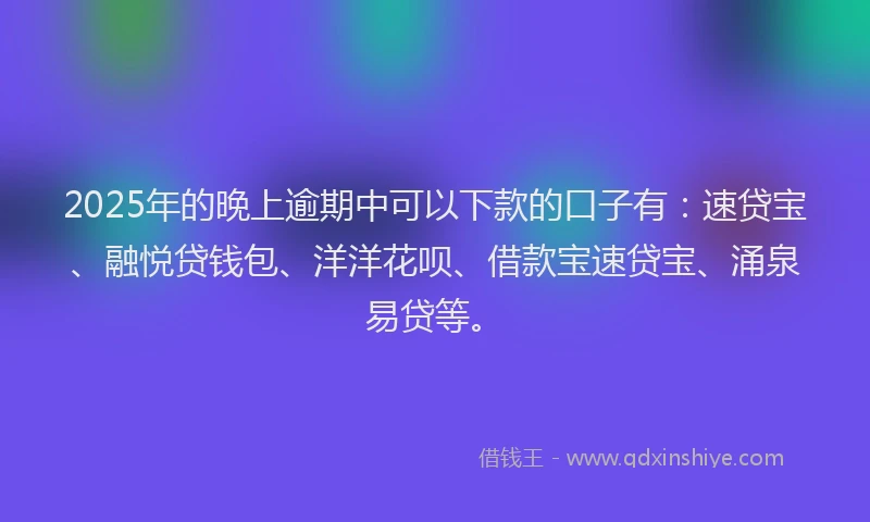 2025年的晚上逾期中可以下款的口子有：速贷宝、融悦贷钱包、洋洋花呗、借款宝速贷宝、涌泉易贷等。