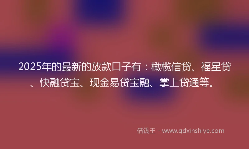 2025年的最新的放款口子有：橄榄信贷、福星贷、快融贷宝、现金易贷宝融、掌上贷通等。