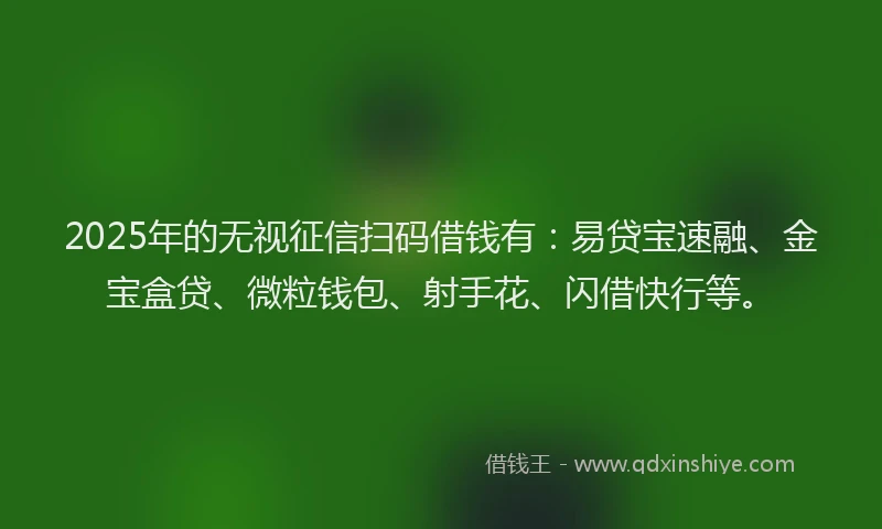 2025年的无视征信扫码借钱有：易贷宝速融、金宝盒贷、微粒钱包、射手花、闪借快行等。