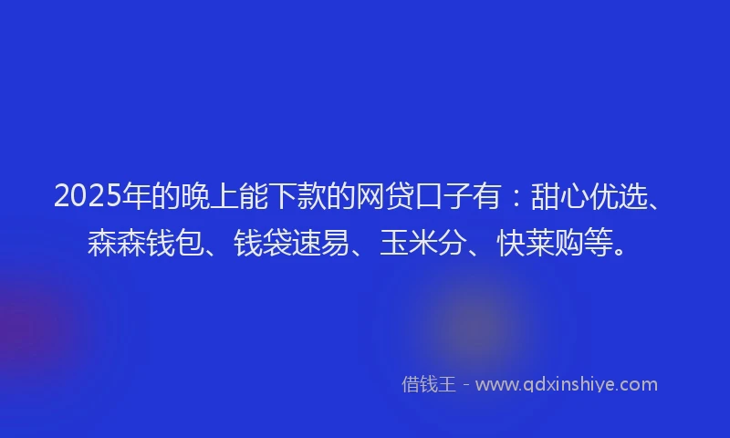 2025年的晚上能下款的网贷口子有：甜心优选、森森钱包、钱袋速易、玉米分、快莱购等。