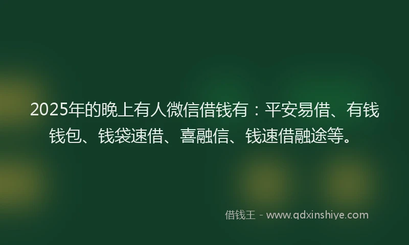 2025年的晚上有人微信借钱有：平安易借、有钱钱包、钱袋速借、喜融信、钱速借融途等。