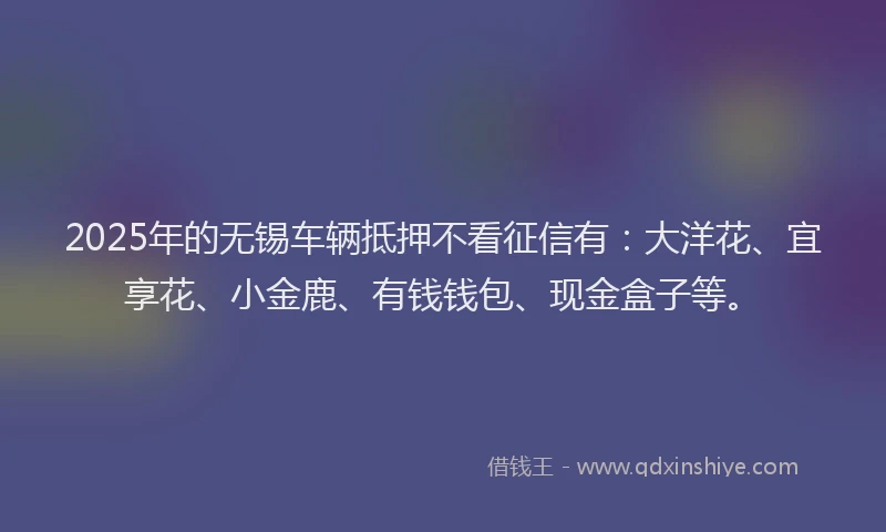 2025年的无锡车辆抵押不看征信有：大洋花、宜享花、小金鹿、有钱钱包、现金盒子等。