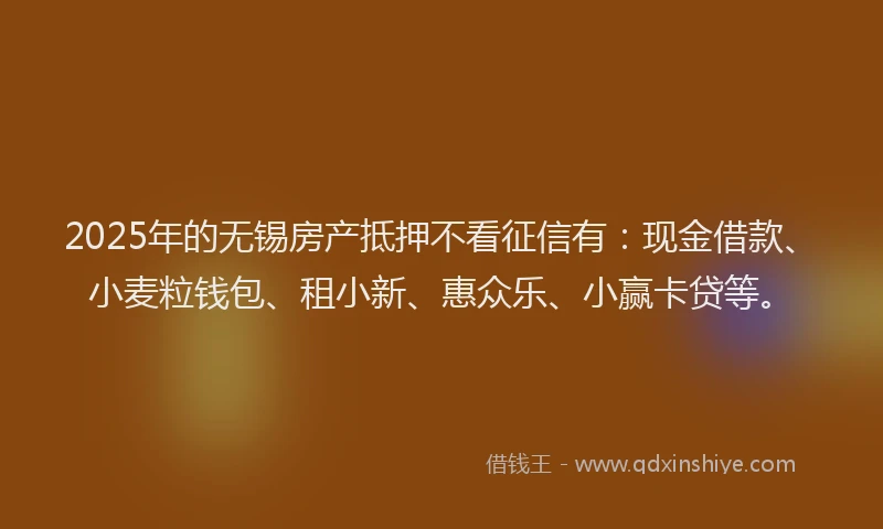 2025年的无锡房产抵押不看征信有：现金借款、小麦粒钱包、租小新、惠众乐、小赢卡贷等。