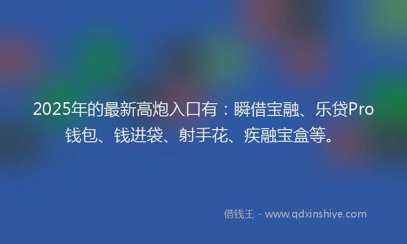 2025年的最新高炮入口有：瞬借宝融、乐贷Pro钱包、钱进袋、射手花、疾融宝盒等。