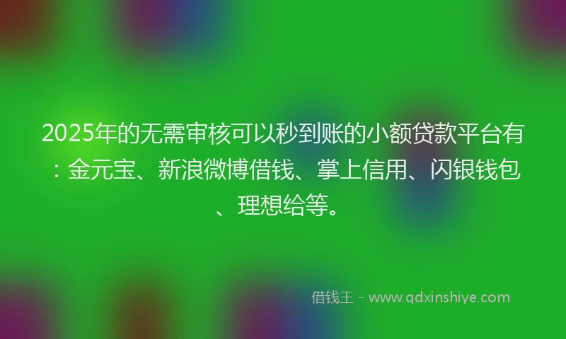 2025年的无需审核可以秒到账的小额贷款平台有：金元宝、新浪微博借钱、掌上信用、闪银钱包、理想给等。