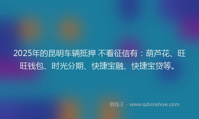 2025年的昆明车辆抵押 不看征信有：葫芦花、旺旺钱包、时光分期、快捷宝融、快捷宝贷等。