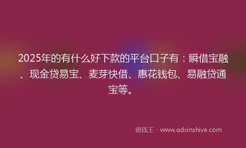 2025年的有什么好下款的平台口子有：瞬借宝融、现金贷易宝、麦芽快借、惠花钱包、易融贷通宝等。