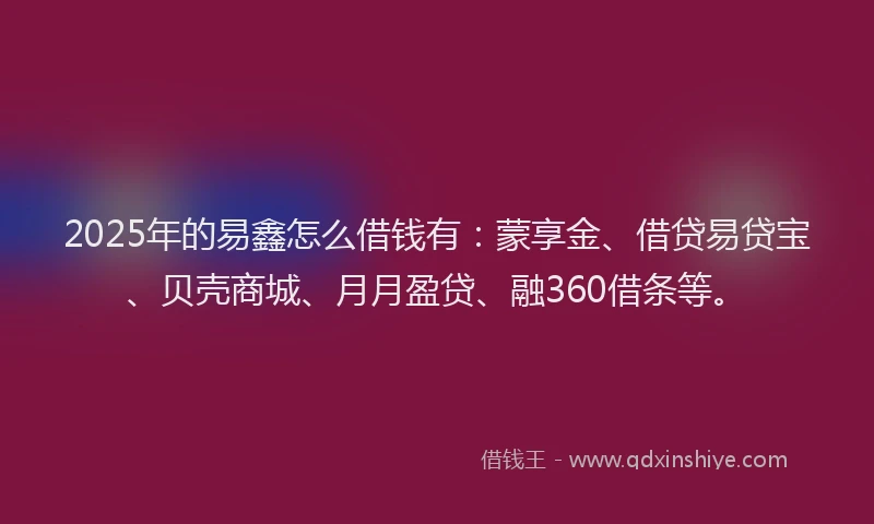 2025年的易鑫怎么借钱有：蒙享金、借贷易贷宝、贝壳商城、月月盈贷、融360借条等。