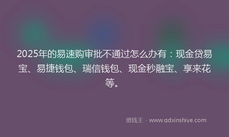 2025年的易速购审批不通过怎么办有：现金贷易宝、易捷钱包、瑞信钱包、现金秒融宝、享来花等。
