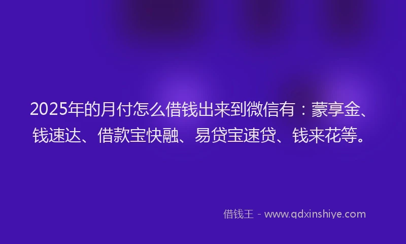 2025年的月付怎么借钱出来到微信有：蒙享金、钱速达、借款宝快融、易贷宝速贷、钱来花等。