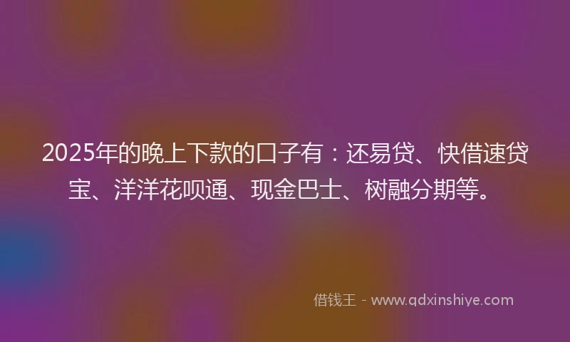 2025年的晚上下款的口子有：还易贷、快借速贷宝、洋洋花呗通、现金巴士、树融分期等。