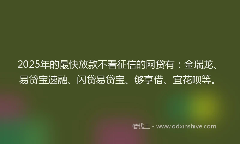 2025年的最快放款不看征信的网贷有：金瑞龙、易贷宝速融、闪贷易贷宝、够享借、宜花呗等。