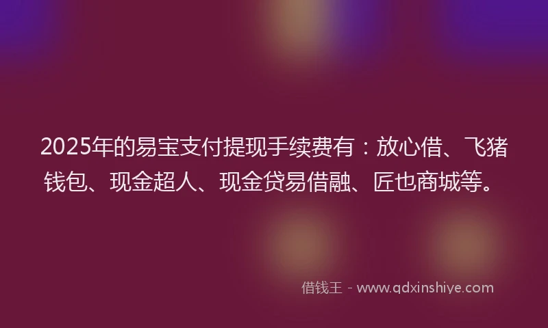 2025年的易宝支付提现手续费有：放心借、飞猪钱包、现金超人、现金贷易借融、匠也商城等。