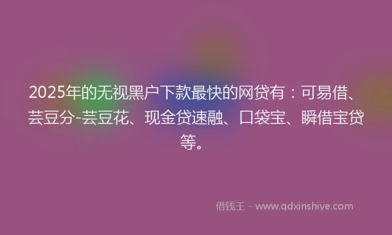2025年的无视黑户下款最快的网贷有：可易借、芸豆分-芸豆花、现金贷速融、口袋宝、瞬借宝贷等。