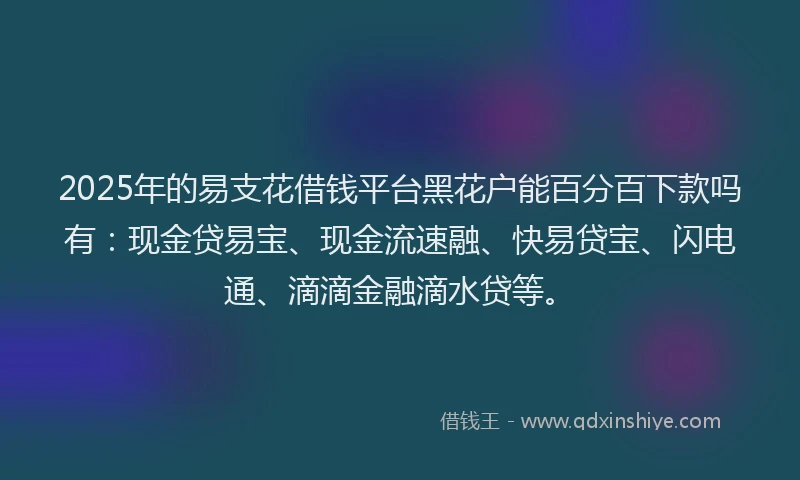 2025年的易支花借钱平台黑花户能百分百下款吗有：现金贷易宝、现金流速融、快易贷宝、闪电通、滴滴金融滴水贷等。