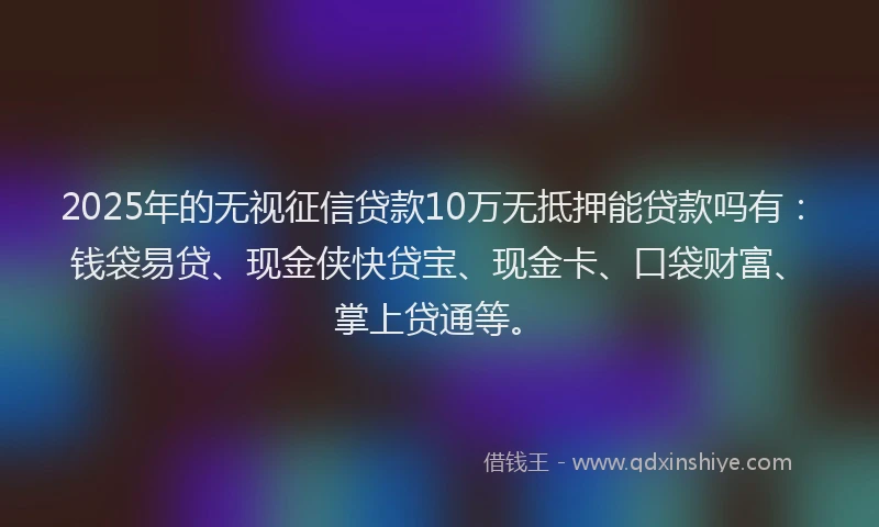 2025年的无视征信贷款10万无抵押能贷款吗有：钱袋易贷、现金侠快贷宝、现金卡、口袋财富、掌上贷通等。