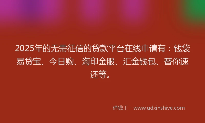 2025年的无需征信的贷款平台在线申请有：钱袋易贷宝、今日购、海印金服、汇金钱包、替你速还等。