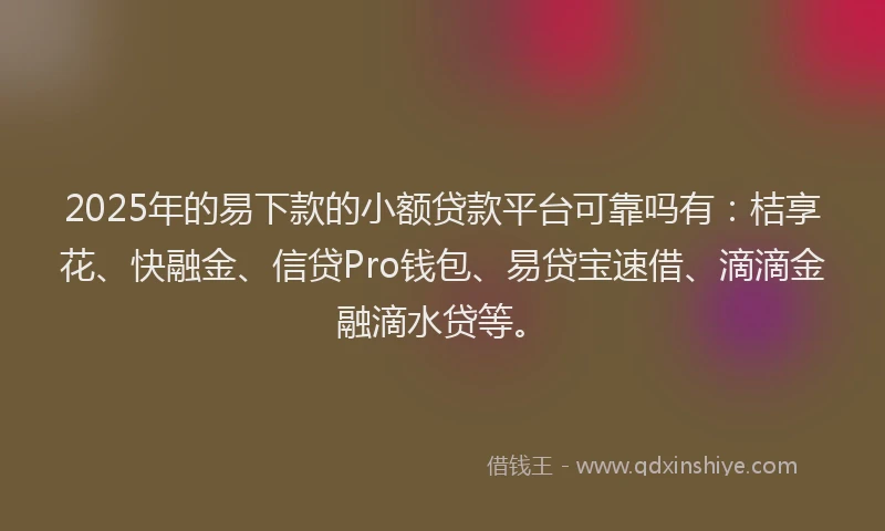2025年的易下款的小额贷款平台可靠吗有：桔享花、快融金、信贷Pro钱包、易贷宝速借、滴滴金融滴水贷等。