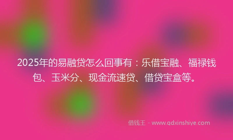 2025年的易融贷怎么回事有：乐借宝融、福禄钱包、玉米分、现金流速贷、借贷宝盒等。
