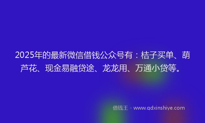 2025年的最新微信借钱公众号有：桔子买单、葫芦花、现金易融贷途、龙龙用、万通小贷等。
