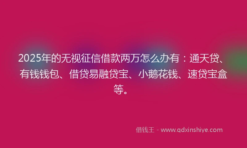 2025年的无视征信借款两万怎么办有：通天贷、有钱钱包、借贷易融贷宝、小鹅花钱、速贷宝盒等。
