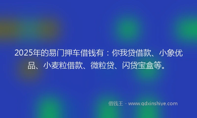 2025年的易门押车借钱有：你我贷借款、小象优品、小麦粒借款、微粒贷、闪贷宝盒等。