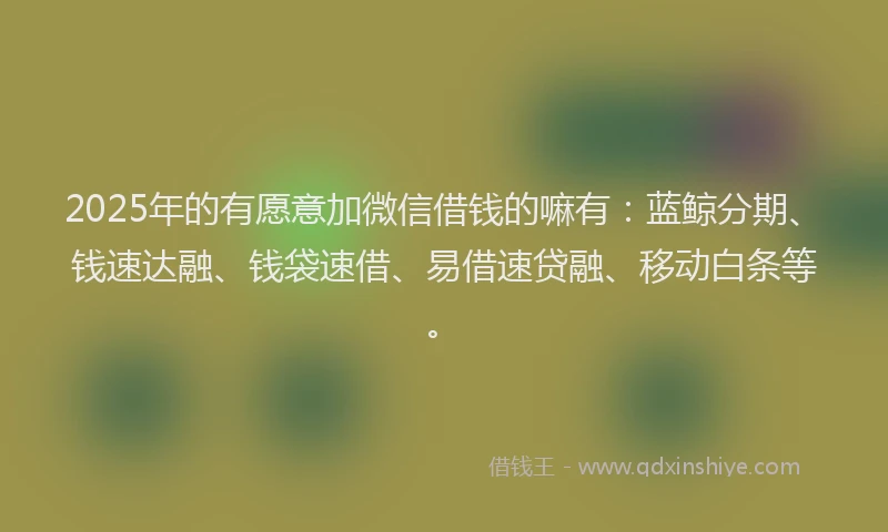 2025年的有愿意加微信借钱的嘛有：蓝鲸分期、钱速达融、钱袋速借、易借速贷融、移动白条等。