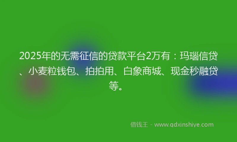 2025年的无需征信的贷款平台2万有：玛瑙信贷、小麦粒钱包、拍拍用、白象商城、现金秒融贷等。
