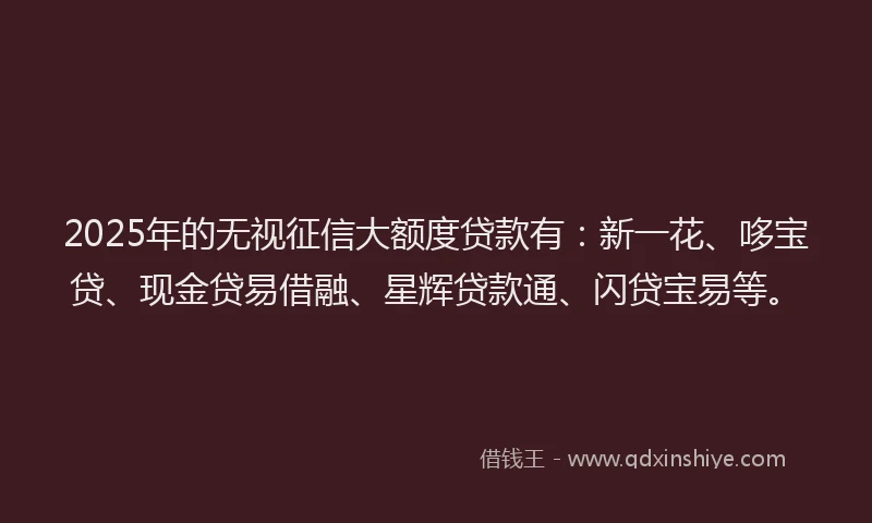 2025年的无视征信大额度贷款有：新一花、哆宝贷、现金贷易借融、星辉贷款通、闪贷宝易等。